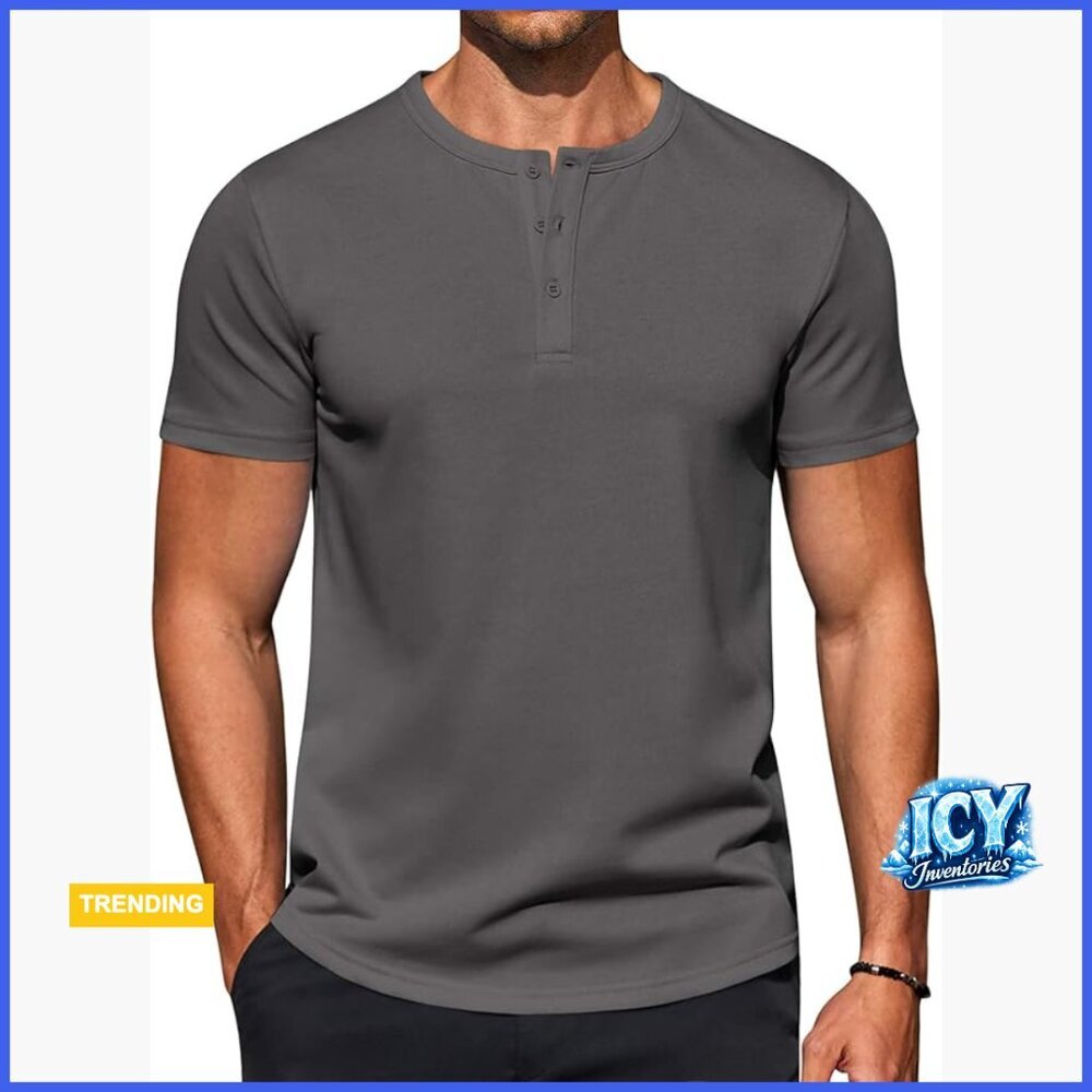 Cotton Blend Henley T-Shirt Short Sleeve Button Down Tee